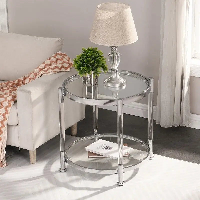 Grondin Modern Contemporary 2-Tier Tempered Glass Top End Table Side Table with Steel and Acrylic Frame