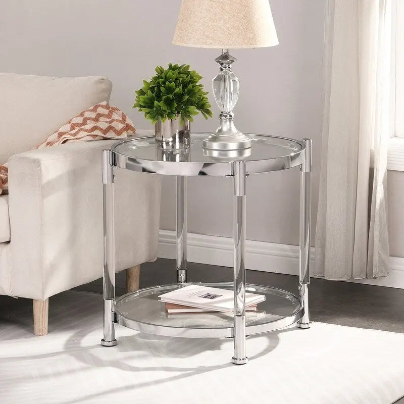Table d'appoint à 2 niveaux en verre trempé avec cadre en acier et acrylique Grondin Modern Contemporary