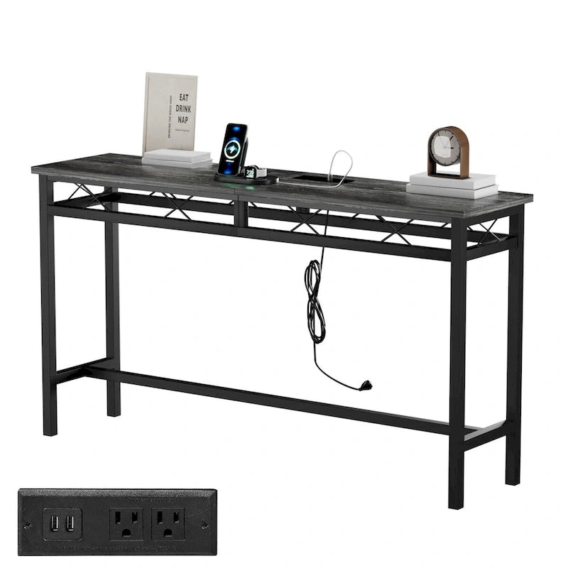 Console de table Javlergo avec station de charge et ports USB, Gris anthracite