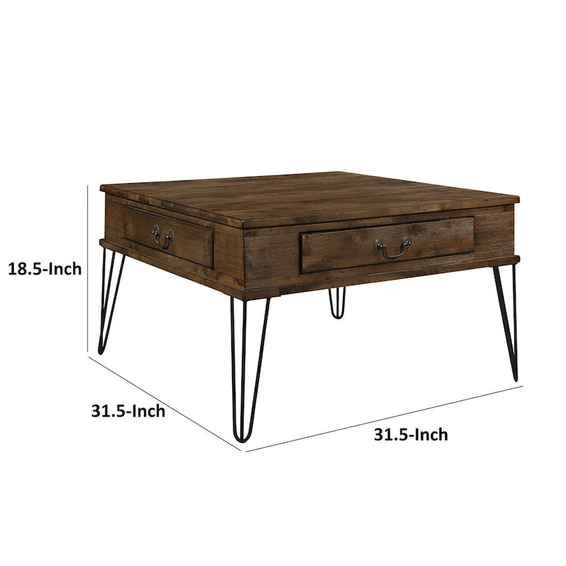 Itti Table Basse Carrée de Salon, 2 Tiroirs, Bois Marron, Noir, 81 cm