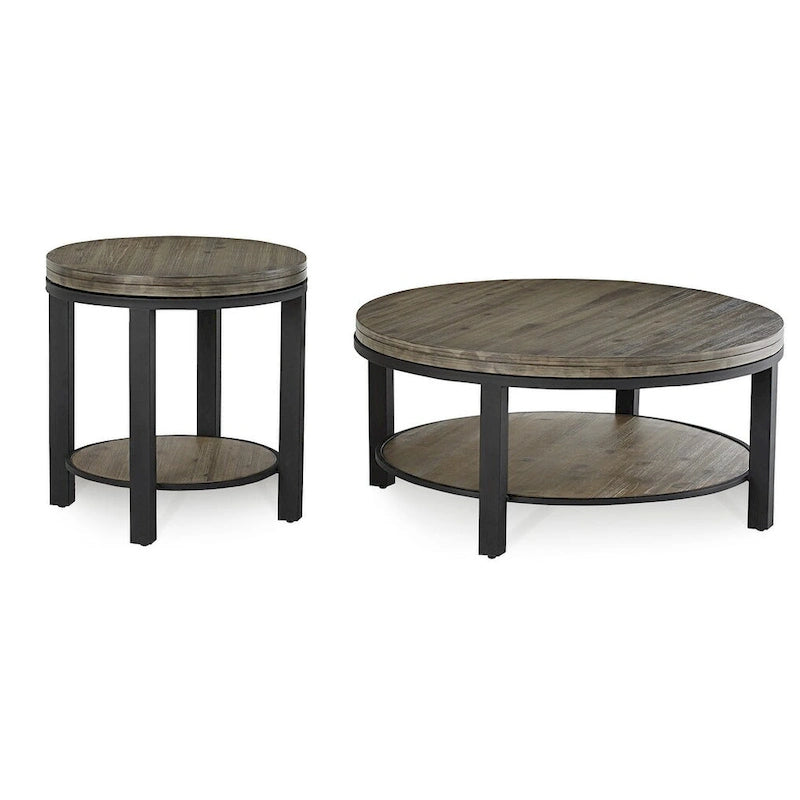 Table Basse Ronde Canyon en Bois Massif et Métal Gris Délavé - 19 x 40 x 40