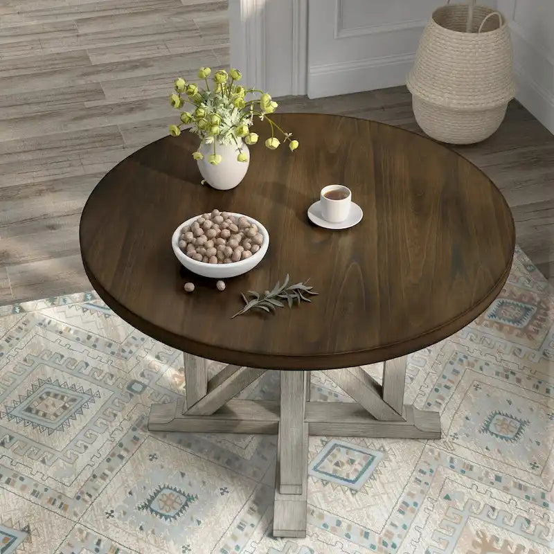 Table de salle à manger ronde de 47 pouces Derry, blanc antique et chêne foncé, de Furniture of America