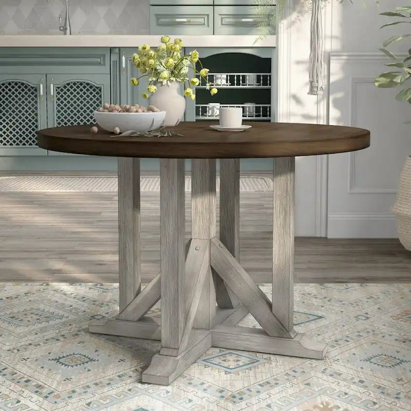 Table de salle à manger ronde de 47 pouces Derry, blanc antique et chêne foncé, de Furniture of America