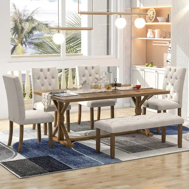 Ensemble de salle à manger rustique 6 pièces : table rectangulaire en bois de 183 cm, 4 chaises rembourrées et un banc