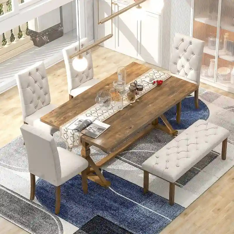 Ensemble de salle à manger rustique 6 pièces : table rectangulaire en bois de 183 cm, 4 chaises rembourrées et un banc