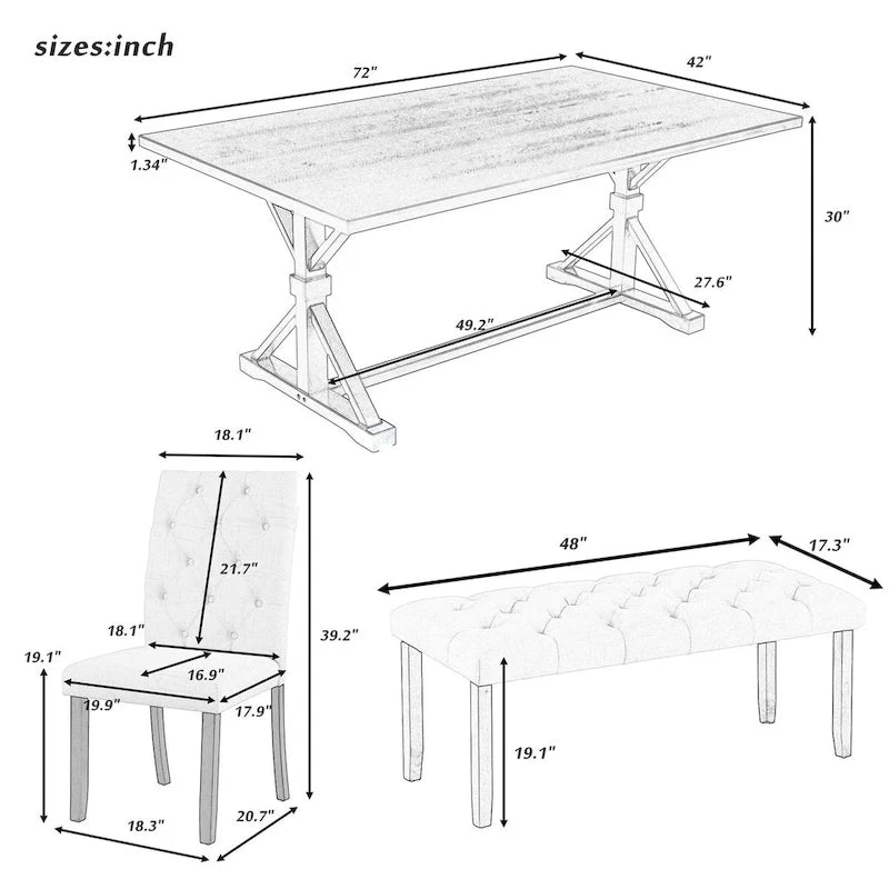 Ensemble de salle à manger rustique 6 pièces : table rectangulaire en bois de 183 cm, 4 chaises rembourrées et un banc