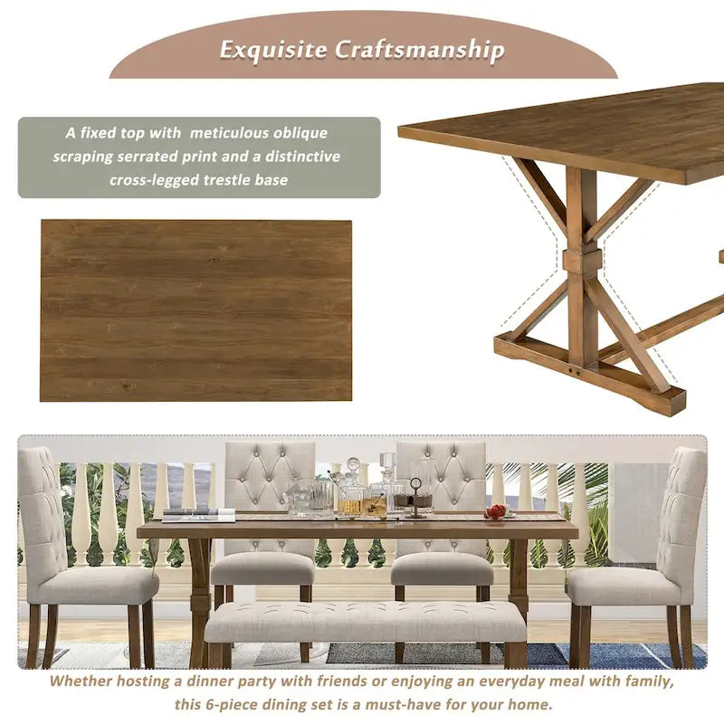 Ensemble de salle à manger rustique 6 pièces : table rectangulaire en bois de 183 cm, 4 chaises rembourrées et un banc