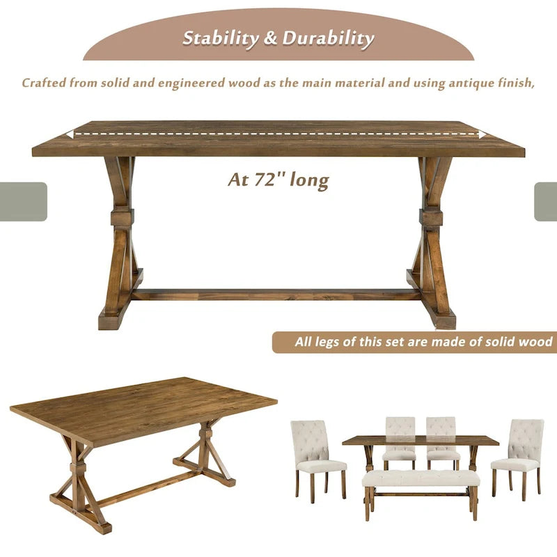 Ensemble de salle à manger rustique 6 pièces : table rectangulaire en bois de 183 cm, 4 chaises rembourrées et un banc