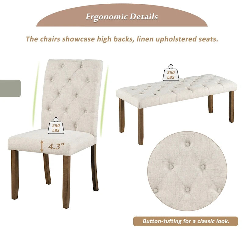 Ensemble de salle à manger rustique 6 pièces : table rectangulaire en bois de 183 cm, 4 chaises rembourrées et un banc