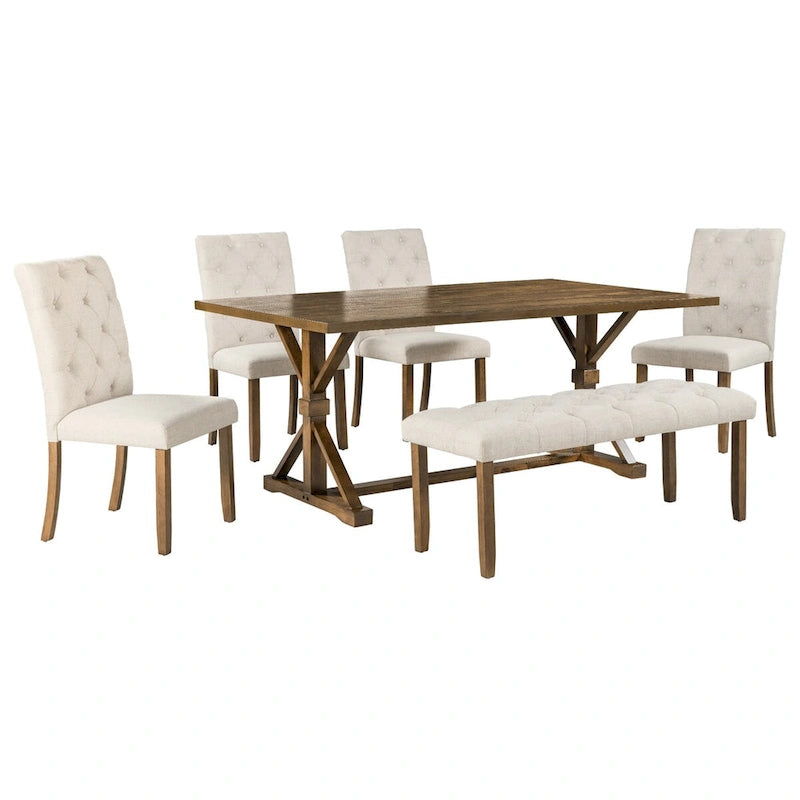 Ensemble de salle à manger rustique 6 pièces : table rectangulaire en bois de 183 cm, 4 chaises rembourrées et un banc