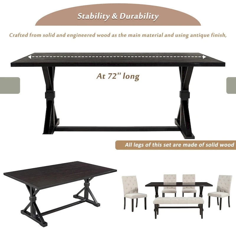 Ensemble de salle à manger rustique 6 pièces : table rectangulaire en bois de 183 cm, 4 chaises rembourrées et un banc