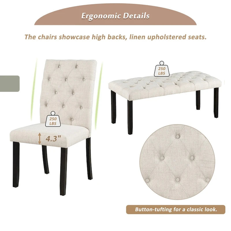 Ensemble de salle à manger rustique 6 pièces : table rectangulaire en bois de 183 cm, 4 chaises rembourrées et un banc