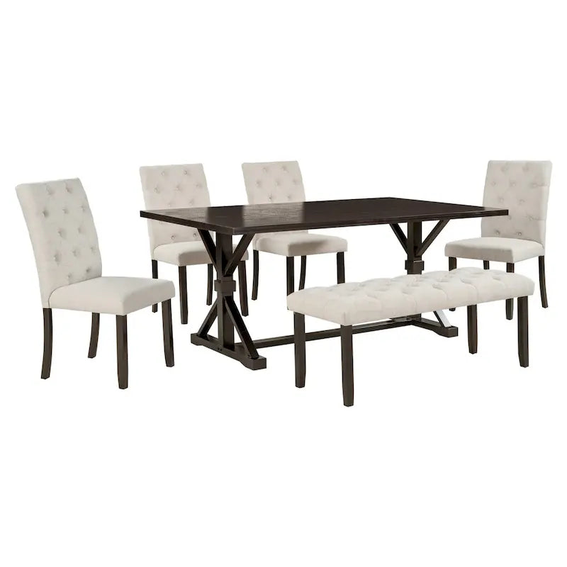 Ensemble de salle à manger rustique 6 pièces : table rectangulaire en bois de 183 cm, 4 chaises rembourrées et un banc