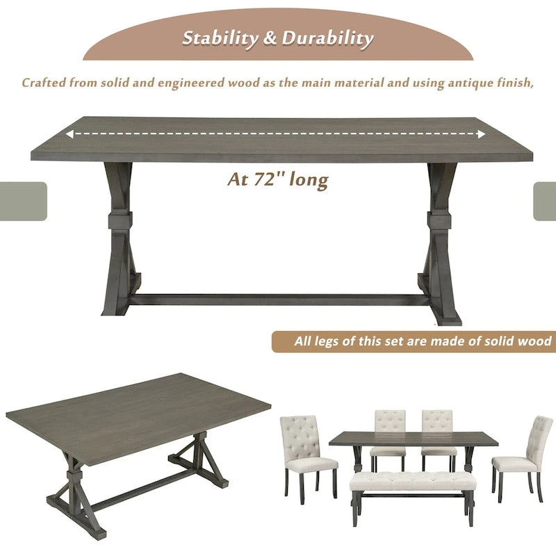 Ensemble de salle à manger rustique 6 pièces : table rectangulaire en bois de 183 cm, 4 chaises rembourrées et un banc