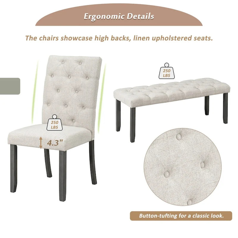 Ensemble de salle à manger rustique 6 pièces : table rectangulaire en bois de 183 cm, 4 chaises rembourrées et un banc