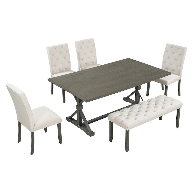 Ensemble de salle à manger rustique 6 pièces : table rectangulaire en bois de 183 cm, 4 chaises rembourrées et un banc