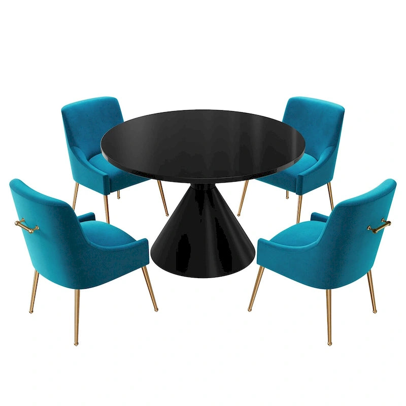 Ensemble de salle à manger avec grande table à manger de comptoir noir très brillant de luxe léger 48 et chaises de salle à manger en velours