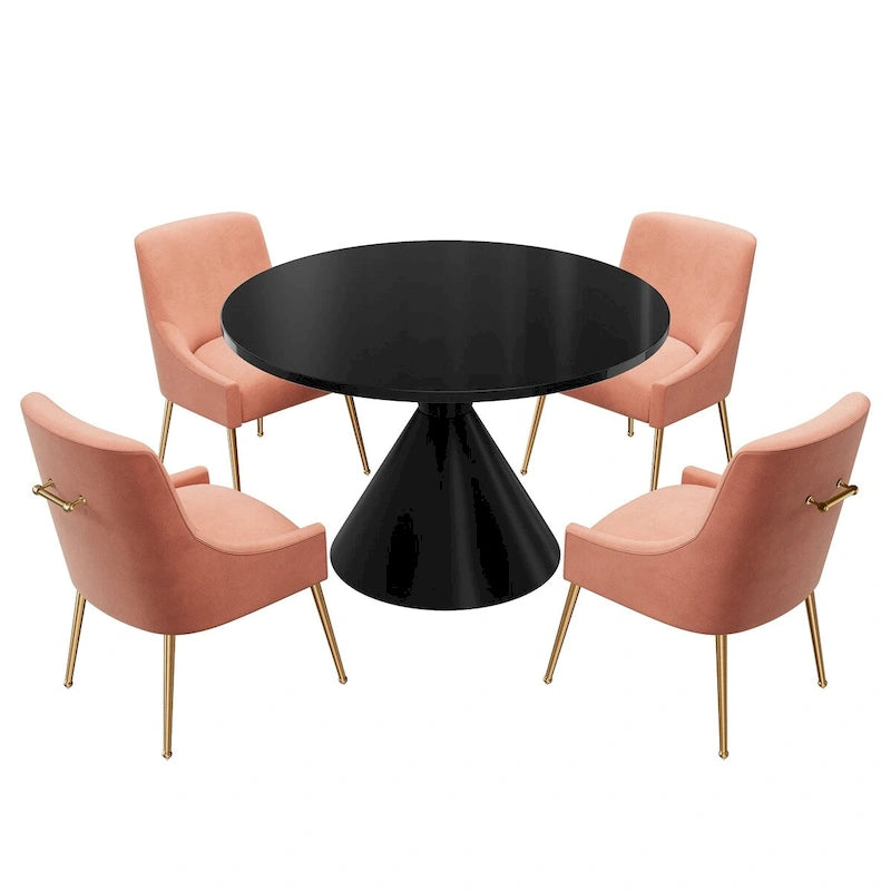 Ensemble de salle à manger avec grande table à manger de comptoir noir très brillant de luxe léger 48 et chaises de salle à manger en velours
