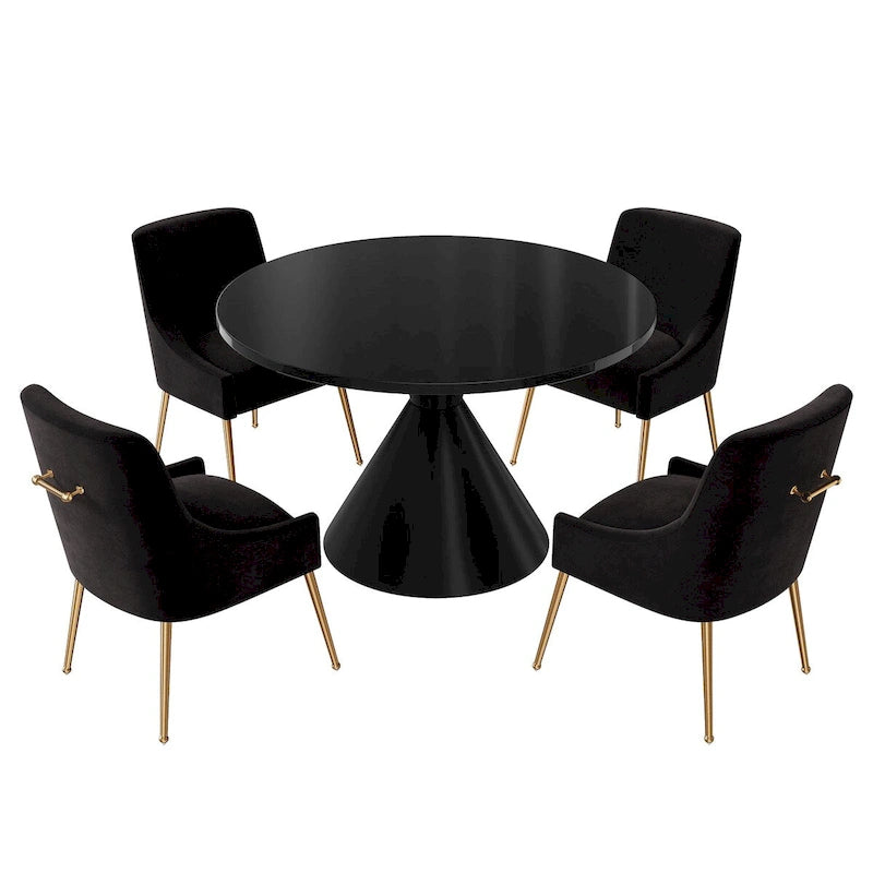 Ensemble de salle à manger avec grande table à manger de comptoir noir très brillant de luxe léger 48 et chaises de salle à manger en velours