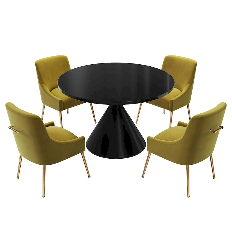 Ensemble de salle à manger avec grande table à manger de comptoir noir très brillant de luxe léger 48 et chaises de salle à manger en velours