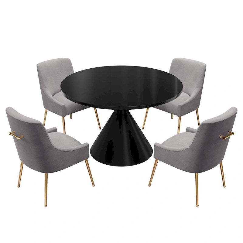 Ensemble de salle à manger avec grande table à manger de comptoir noir très brillant de luxe léger 48 et chaises de salle à manger en velours
