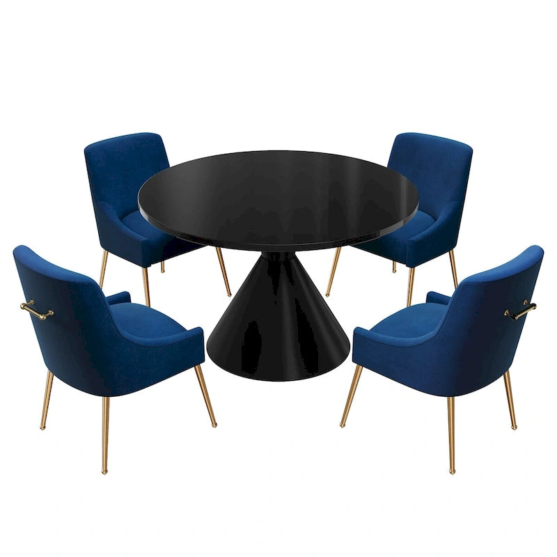Ensemble de salle à manger avec grande table à manger de comptoir noir très brillant de luxe léger 48 et chaises de salle à manger en velours
