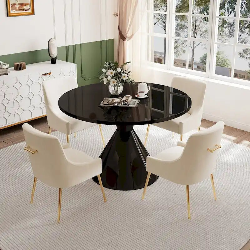 Ensemble de salle à manger avec grande table à manger de comptoir noir très brillant de luxe léger 48 et chaises de salle à manger en velours