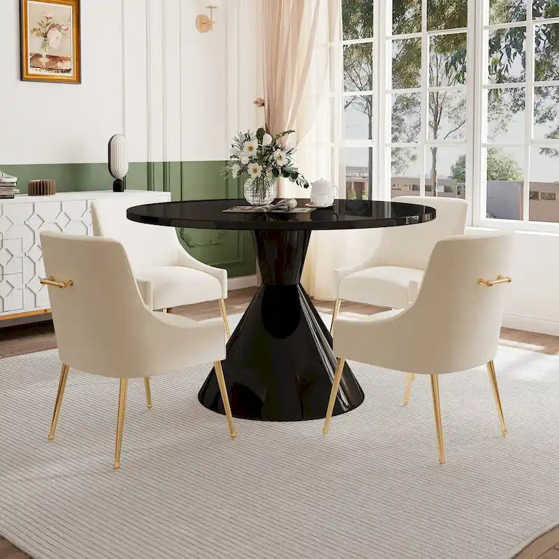 Ensemble de salle à manger avec grande table à manger de comptoir noir très brillant de luxe léger 48 et chaises de salle à manger en velours
