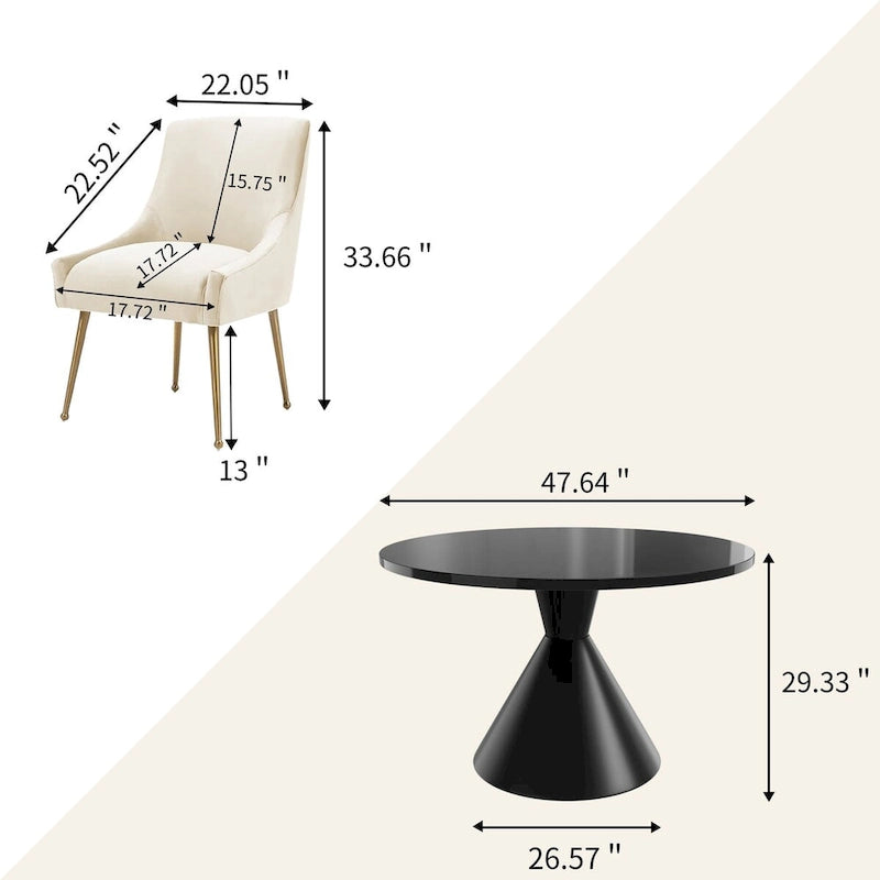 Ensemble de salle à manger avec grande table à manger de comptoir noir très brillant de luxe léger 48 et chaises de salle à manger en velours
