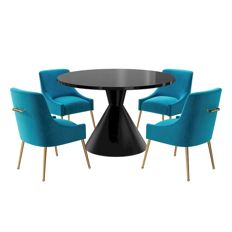 Ensemble de salle à manger avec grande table à manger de comptoir noir très brillant de luxe léger 48 et chaises de salle à manger en velours