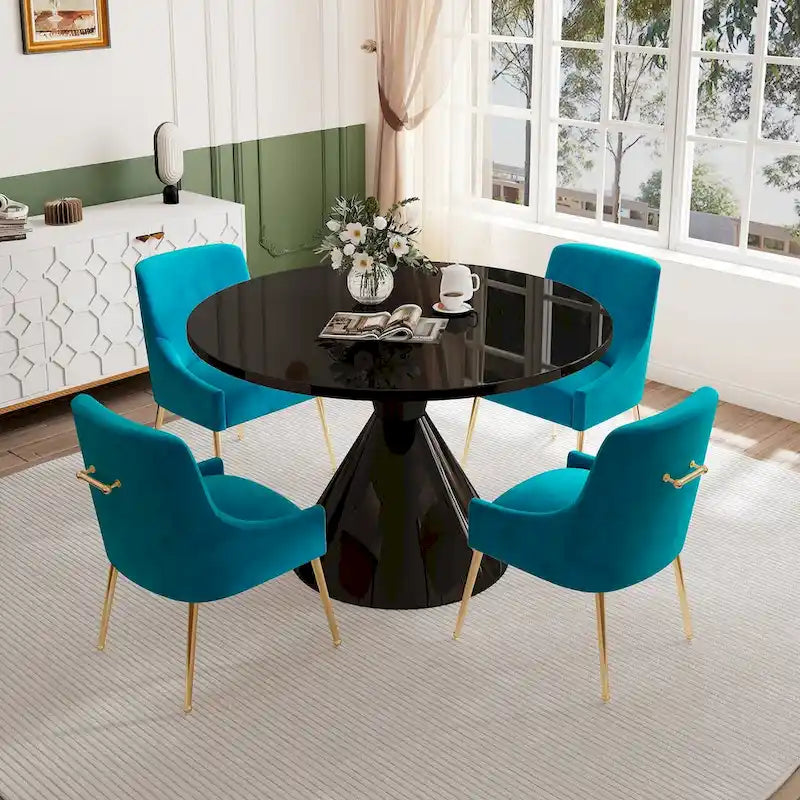 Ensemble de salle à manger avec grande table à manger de comptoir noir très brillant de luxe léger 48 et chaises de salle à manger en velours