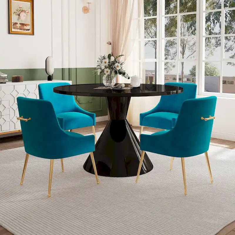 Ensemble de salle à manger avec grande table à manger de comptoir noir très brillant de luxe léger 48 et chaises de salle à manger en velours