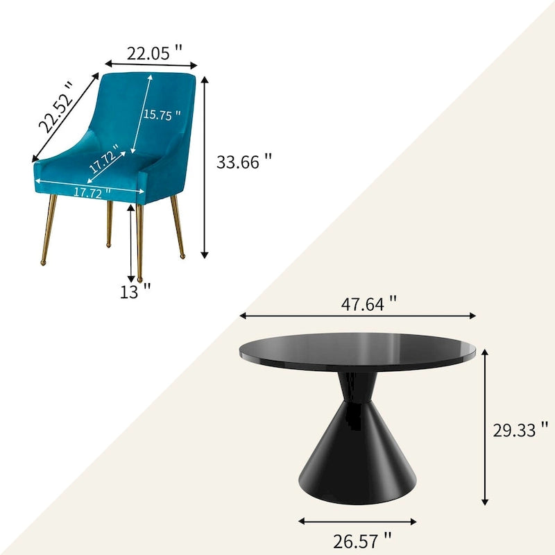 Ensemble de salle à manger avec grande table à manger de comptoir noir très brillant de luxe léger 48 et chaises de salle à manger en velours