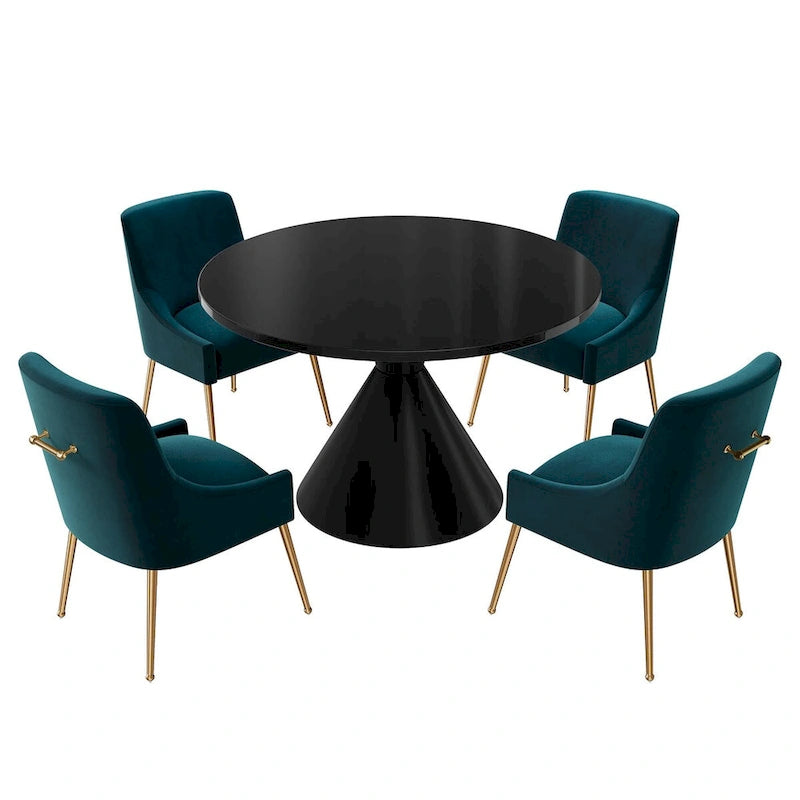 Ensemble de salle à manger avec grande table à manger de comptoir noir très brillant de luxe léger 48 et chaises de salle à manger en velours