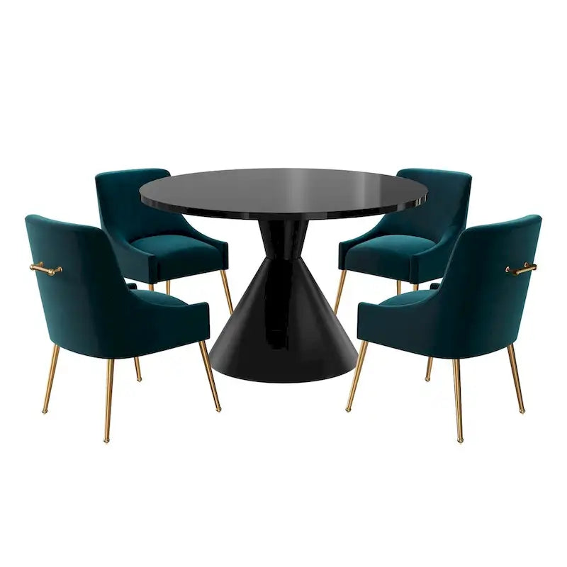 Ensemble de salle à manger avec grande table à manger de comptoir noir très brillant de luxe léger 48 et chaises de salle à manger en velours