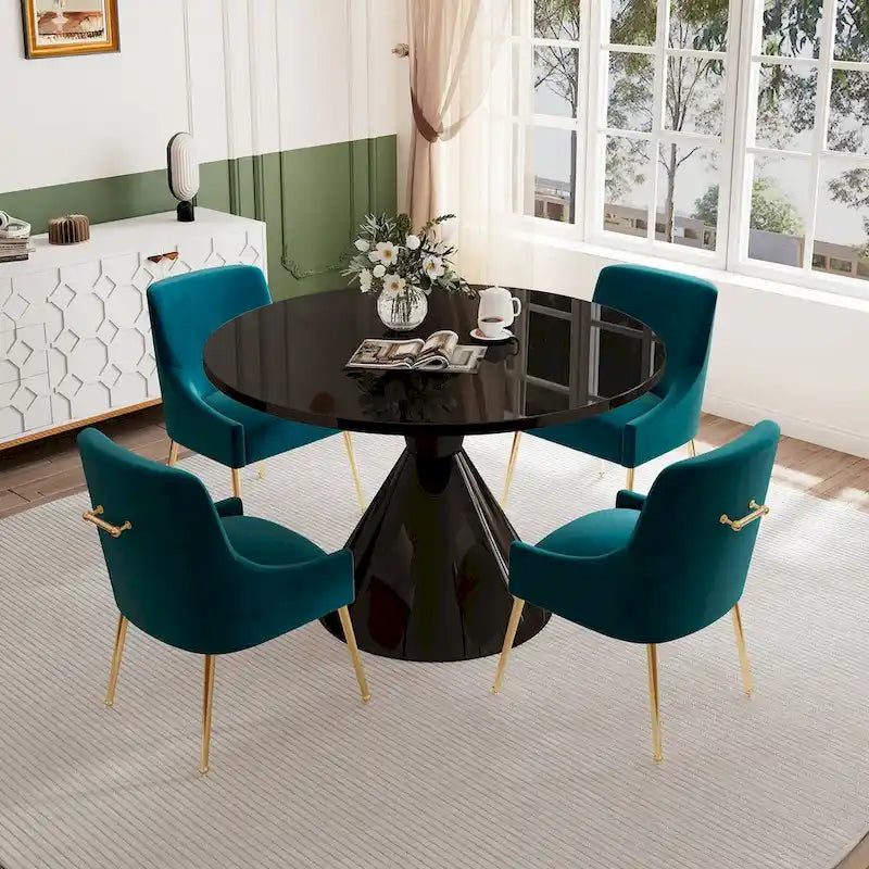 Ensemble de salle à manger avec grande table à manger de comptoir noir très brillant de luxe léger 48 et chaises de salle à manger en velours