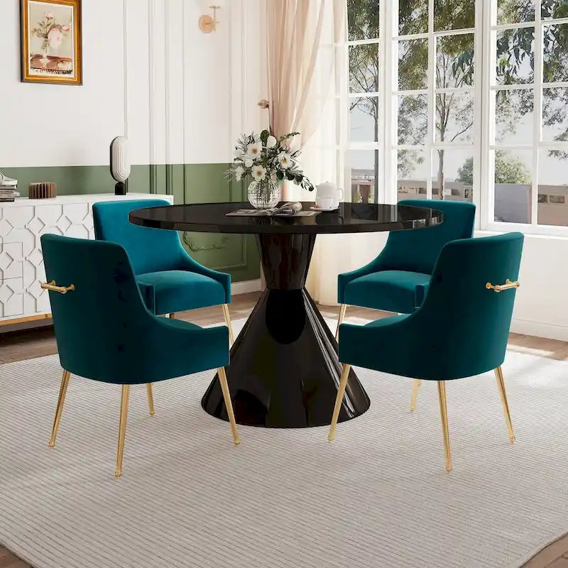 Ensemble de salle à manger avec grande table à manger de comptoir noir très brillant de luxe léger 48 et chaises de salle à manger en velours