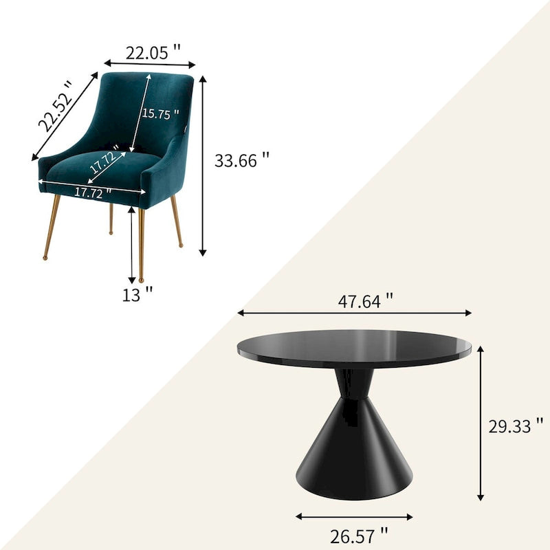 Ensemble de salle à manger avec grande table à manger de comptoir noir très brillant de luxe léger 48 et chaises de salle à manger en velours