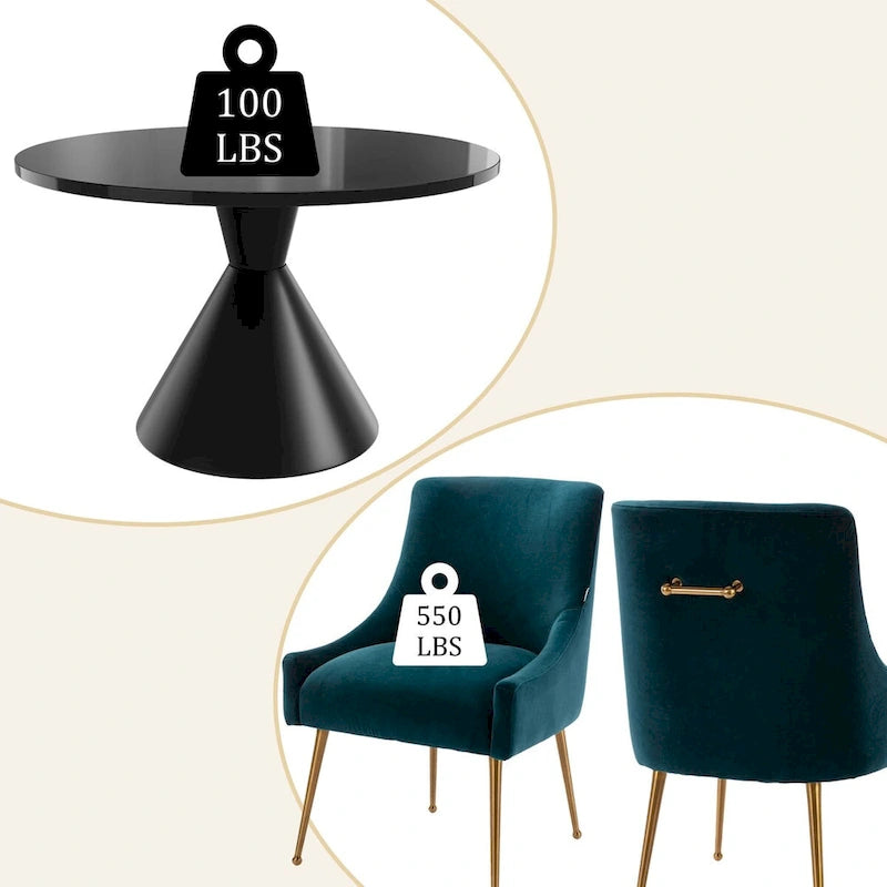 Ensemble de salle à manger avec grande table à manger de comptoir noir très brillant de luxe léger 48 et chaises de salle à manger en velours