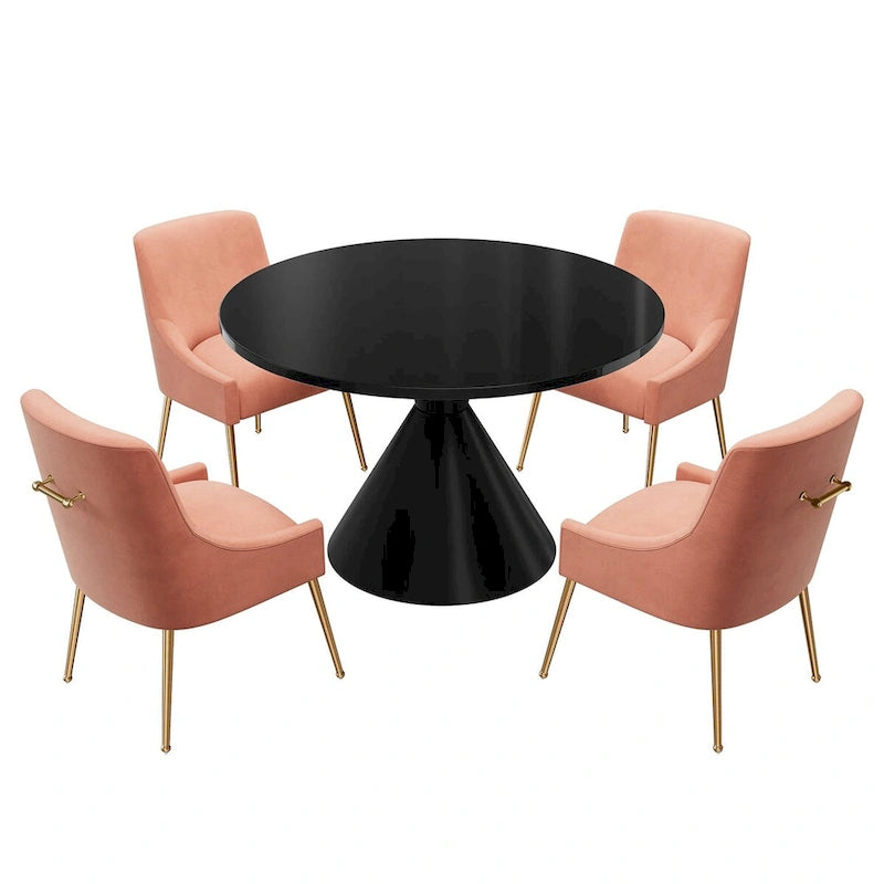 Ensemble de salle à manger avec grande table à manger de comptoir noir très brillant de luxe léger 48 et chaises de salle à manger en velours