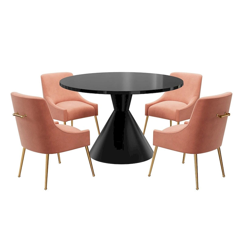 Ensemble de salle à manger avec grande table à manger de comptoir noir très brillant de luxe léger 48 et chaises de salle à manger en velours