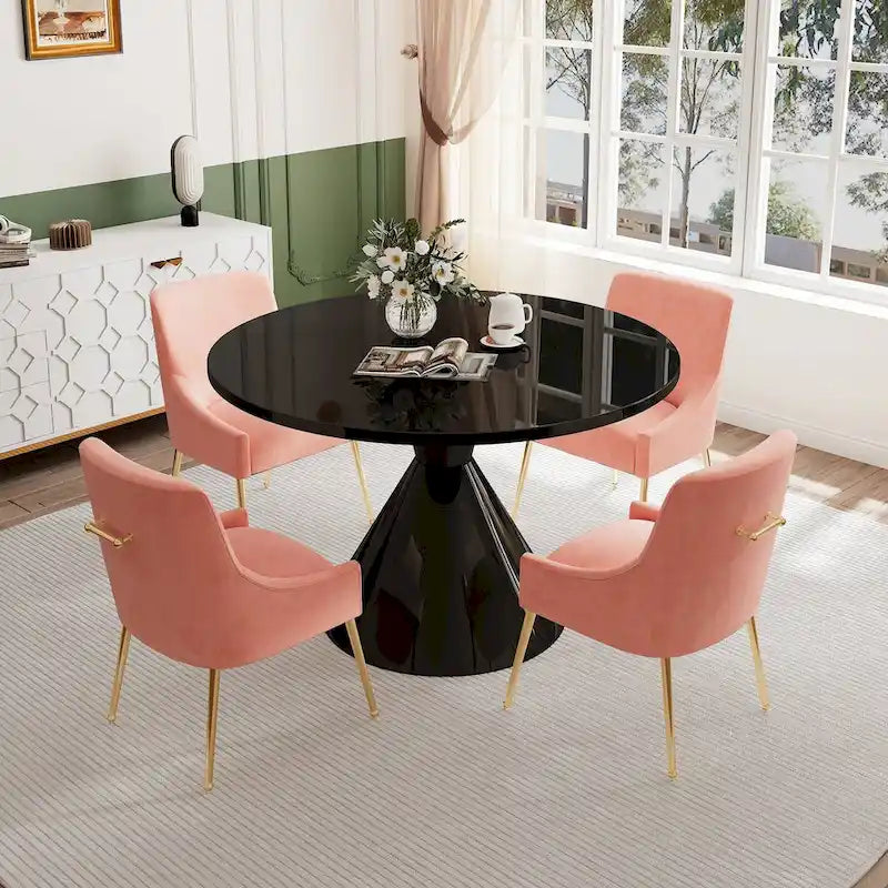 Ensemble de salle à manger avec grande table à manger de comptoir noir très brillant de luxe léger 48 et chaises de salle à manger en velours