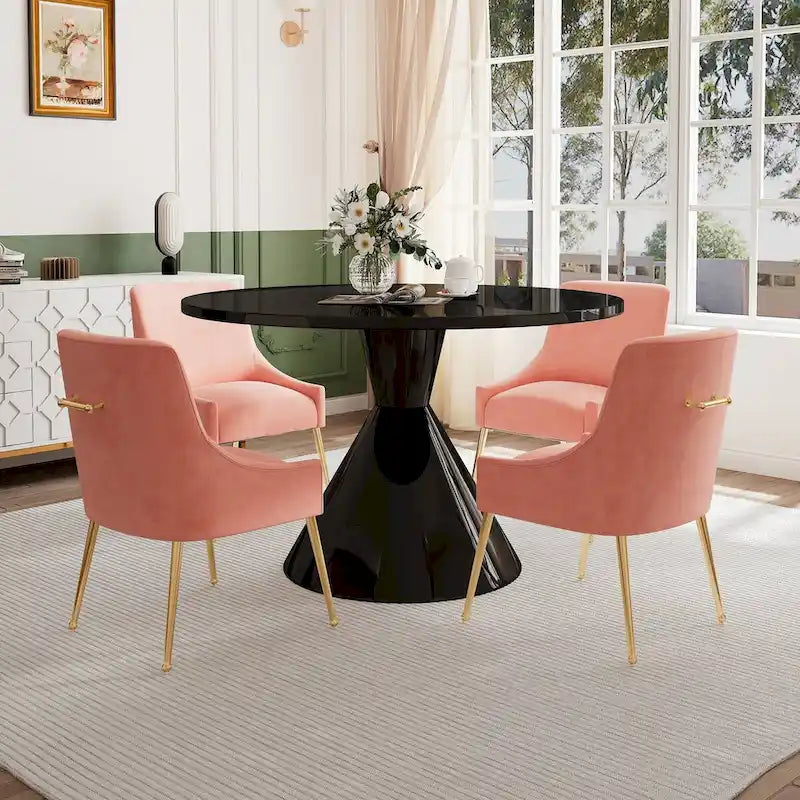 Ensemble de salle à manger avec grande table à manger de comptoir noir très brillant de luxe léger 48 et chaises de salle à manger en velours