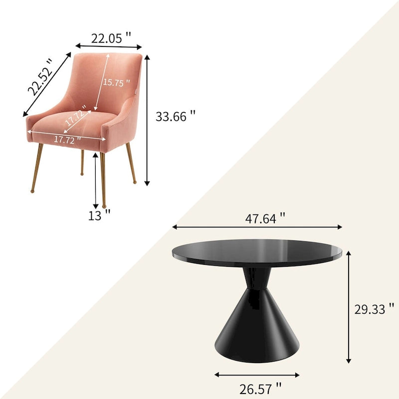 Ensemble de salle à manger avec grande table à manger de comptoir noir très brillant de luxe léger 48 et chaises de salle à manger en velours