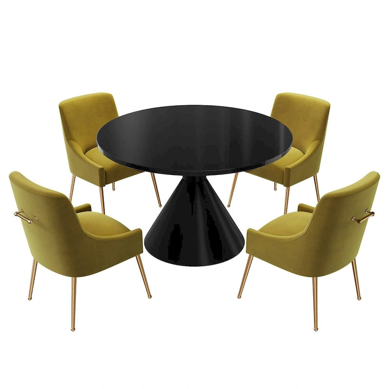 Ensemble de salle à manger avec grande table à manger de comptoir noir très brillant de luxe léger 48 et chaises de salle à manger en velours
