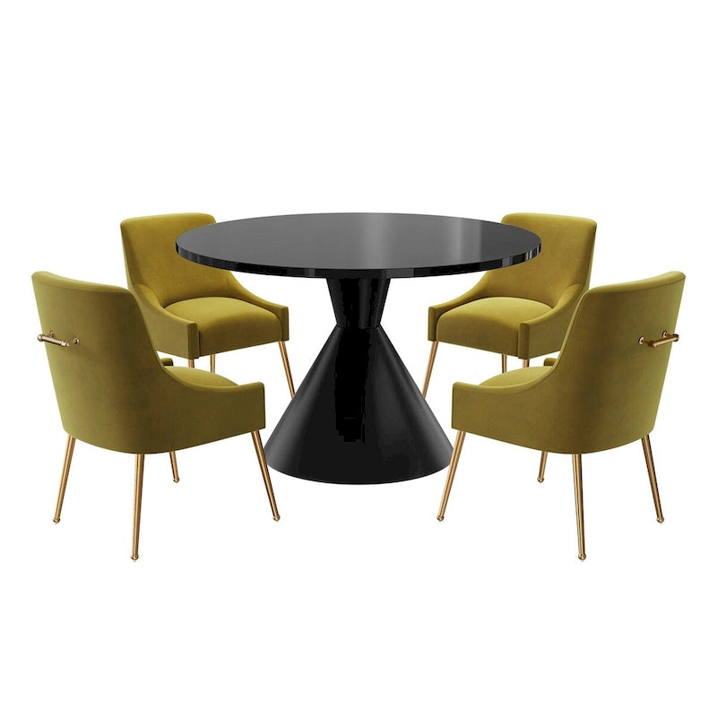 Ensemble de salle à manger avec grande table à manger de comptoir noir très brillant de luxe léger 48 et chaises de salle à manger en velours