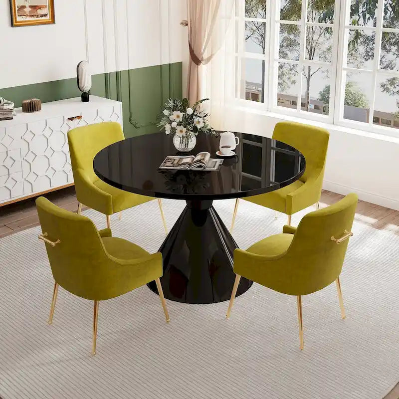 Ensemble de salle à manger avec grande table à manger de comptoir noir très brillant de luxe léger 48 et chaises de salle à manger en velours