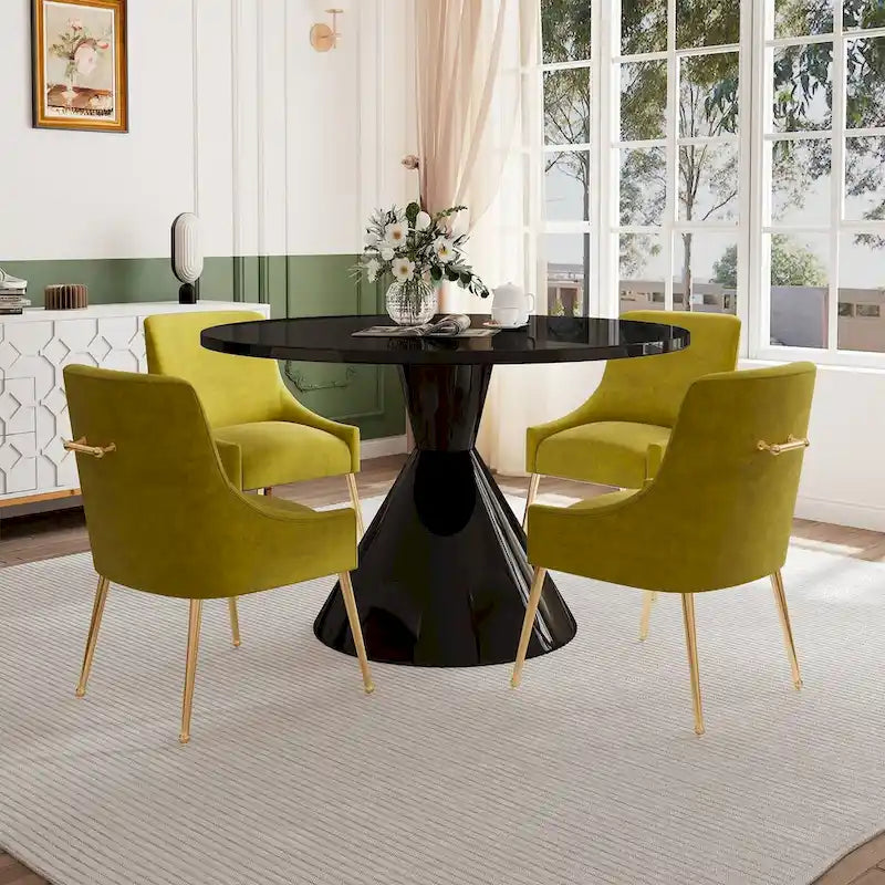Ensemble de salle à manger avec grande table à manger de comptoir noir très brillant de luxe léger 48 et chaises de salle à manger en velours