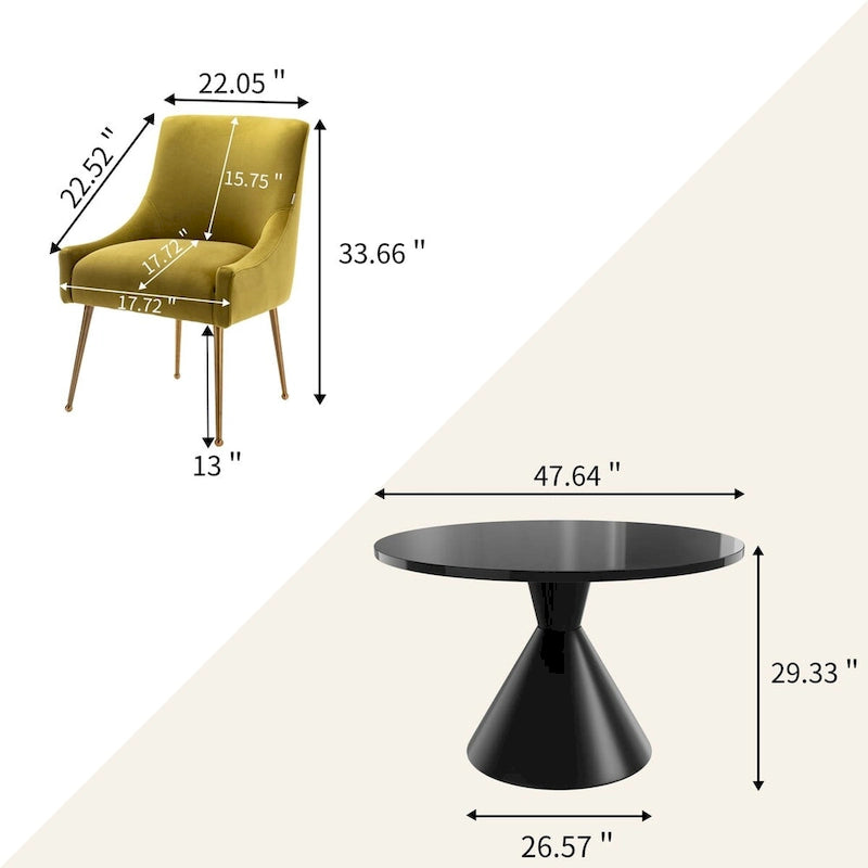 Ensemble de salle à manger avec grande table à manger de comptoir noir très brillant de luxe léger 48 et chaises de salle à manger en velours