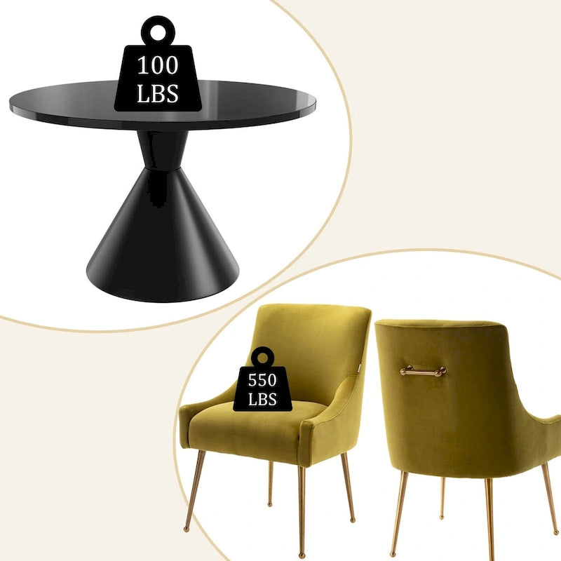Ensemble de salle à manger avec grande table à manger de comptoir noir très brillant de luxe léger 48 et chaises de salle à manger en velours